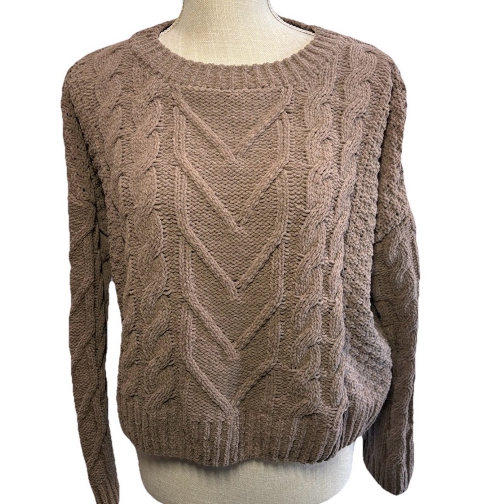 Pink Rose Women's Cable Knit Sweater Brown Soft Cozy Size Large